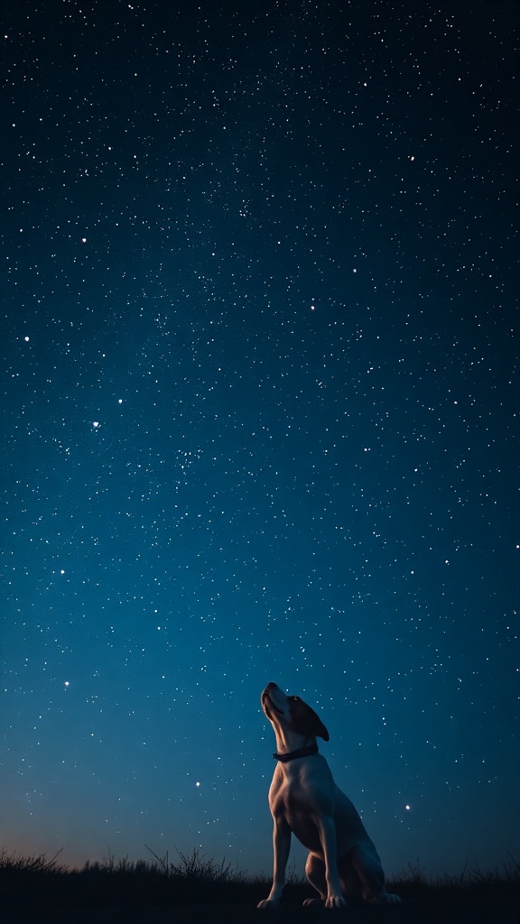 A dog sitting under a starry night sky, looking up at the stars.
