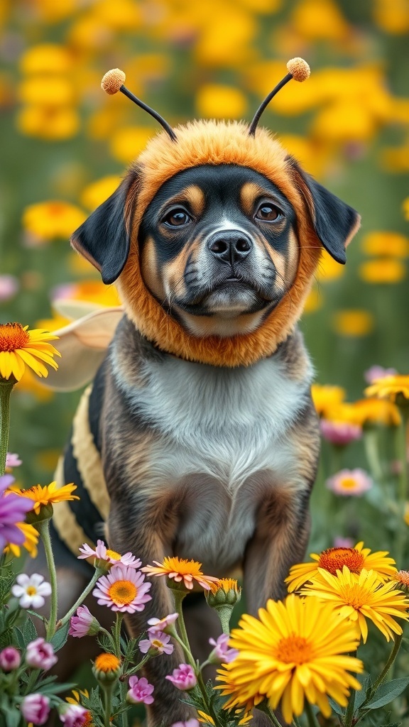 A dog dressed in a bumblebee costume with flowers in the background.