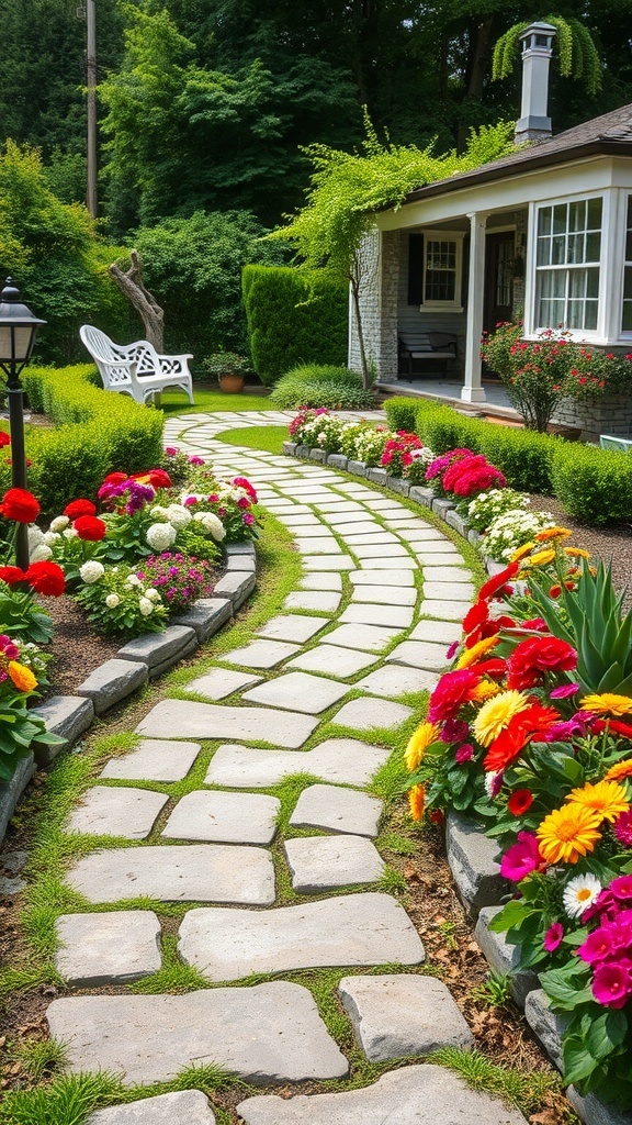 A charming stone pathway lined with colorful flowers in a garden.
