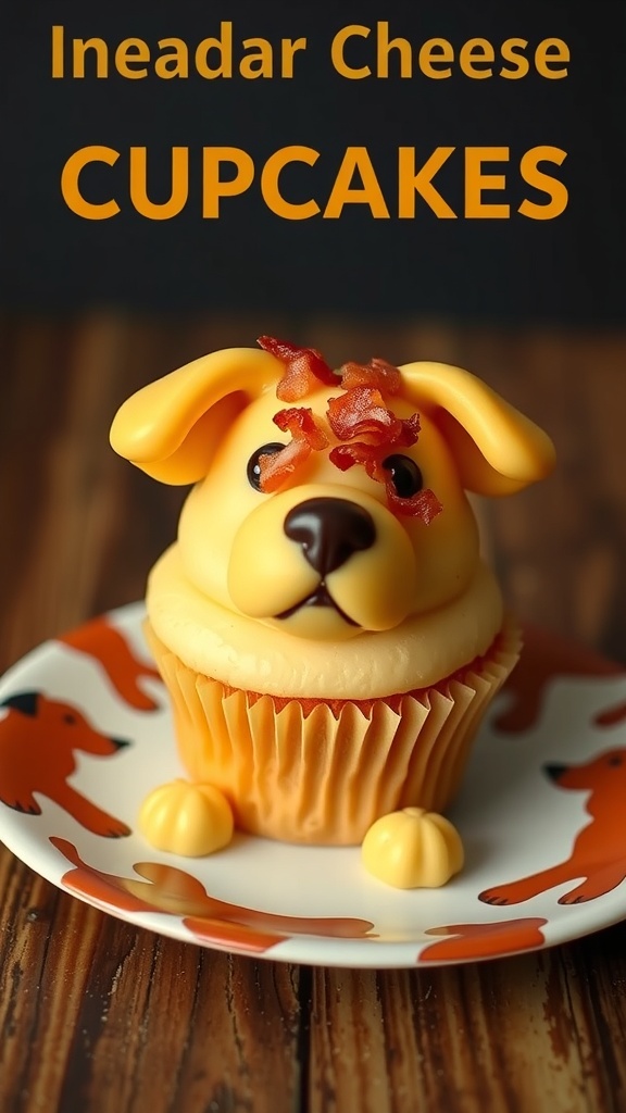 Cupcake designed to look like a dog, topped with cheese frosting and bacon bits.