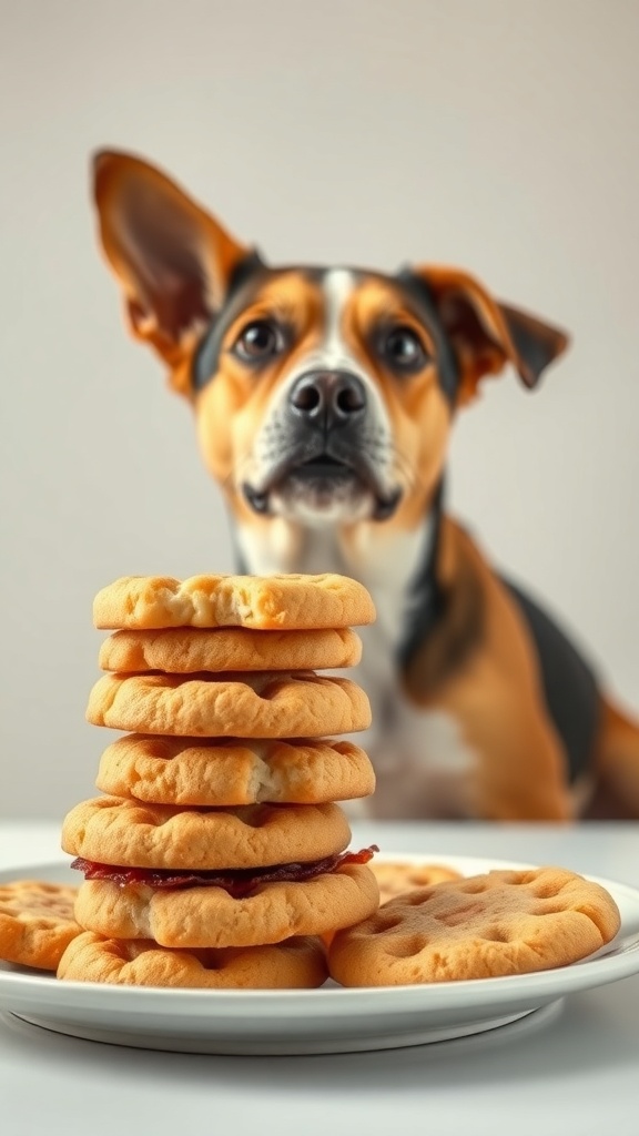 A plate of cheesy bacon biscuits with a dog in the background looking eager.
