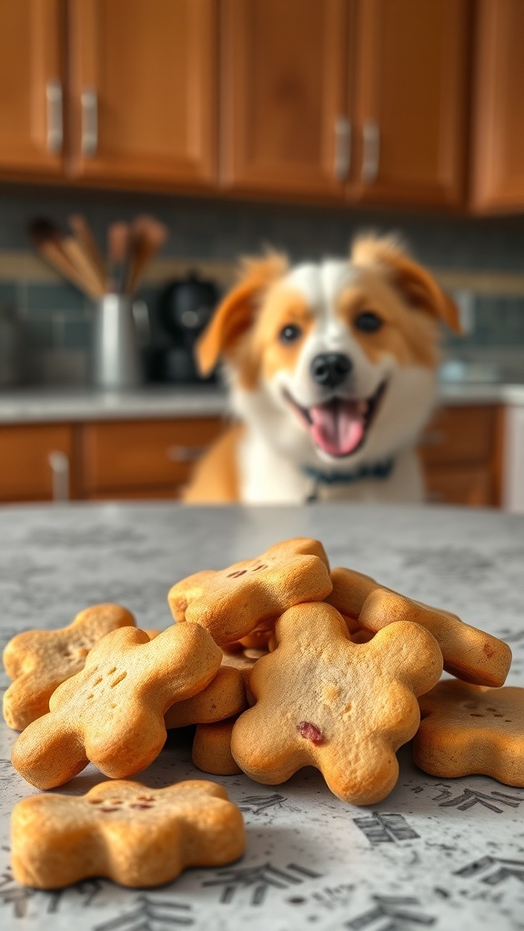 Homemade cheesy bacon biscuits for dogs, with a happy dog in the background.