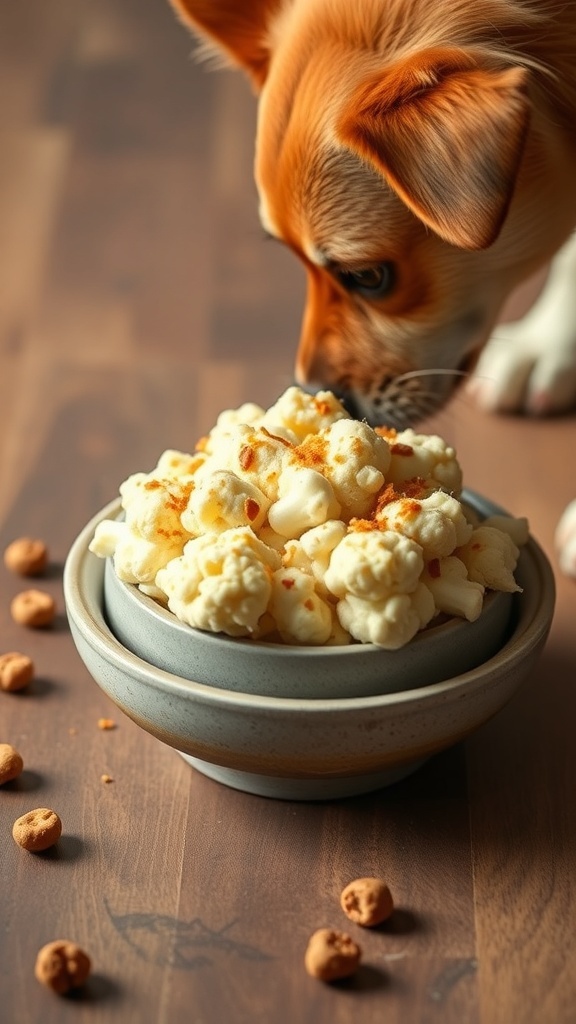 A curious dog sniffing a bowl of cheesy cauliflower fluff, surrounded by dog treats.