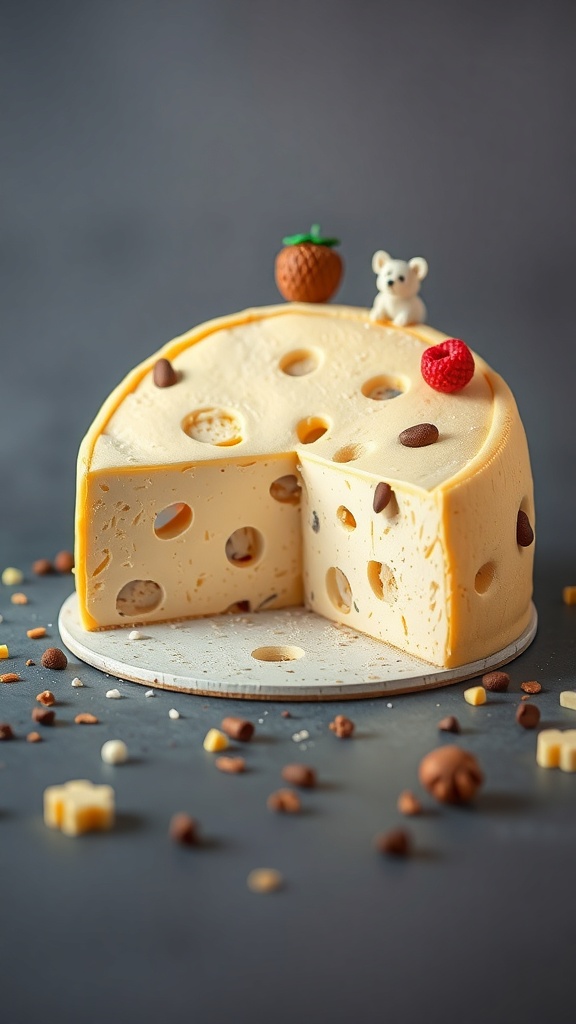 A whimsical cake designed to look like a slice of cheese, complete with decorative toppings.