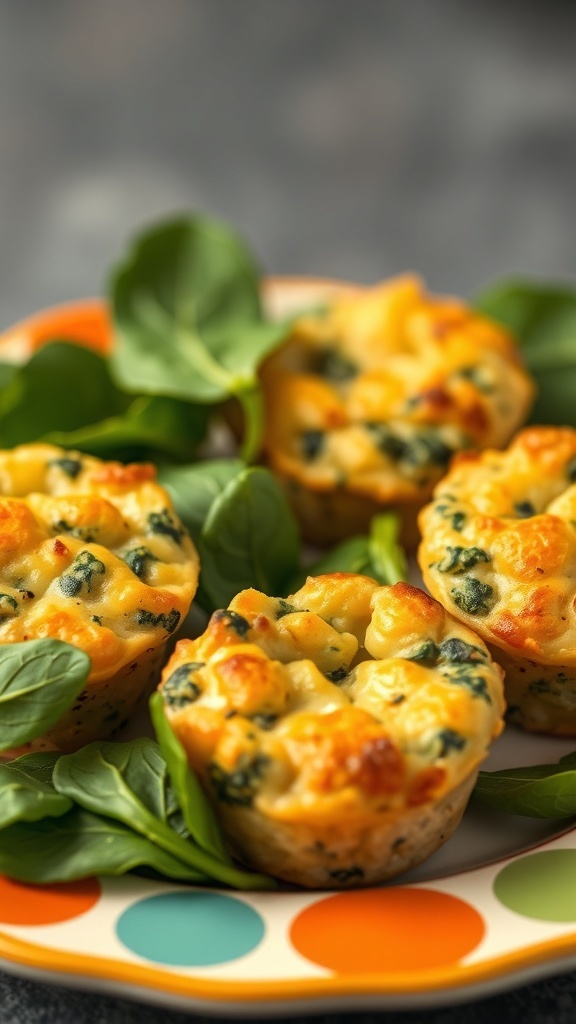 Cheesy spinach puffs on a colorful plate surrounded by spinach leaves