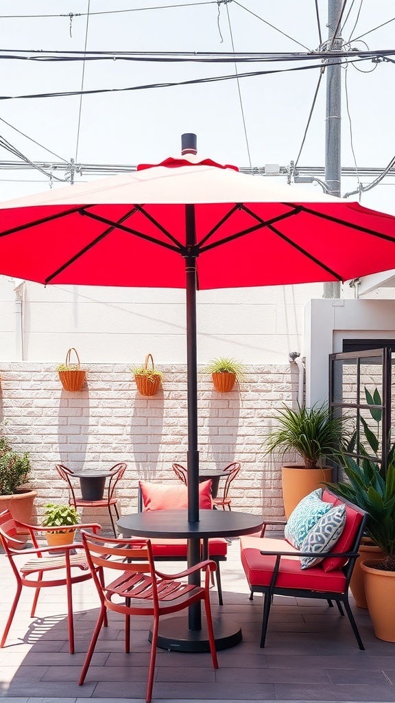 A vibrant red umbrella providing shade over a stylish patio seating area with red chairs and potted plants.