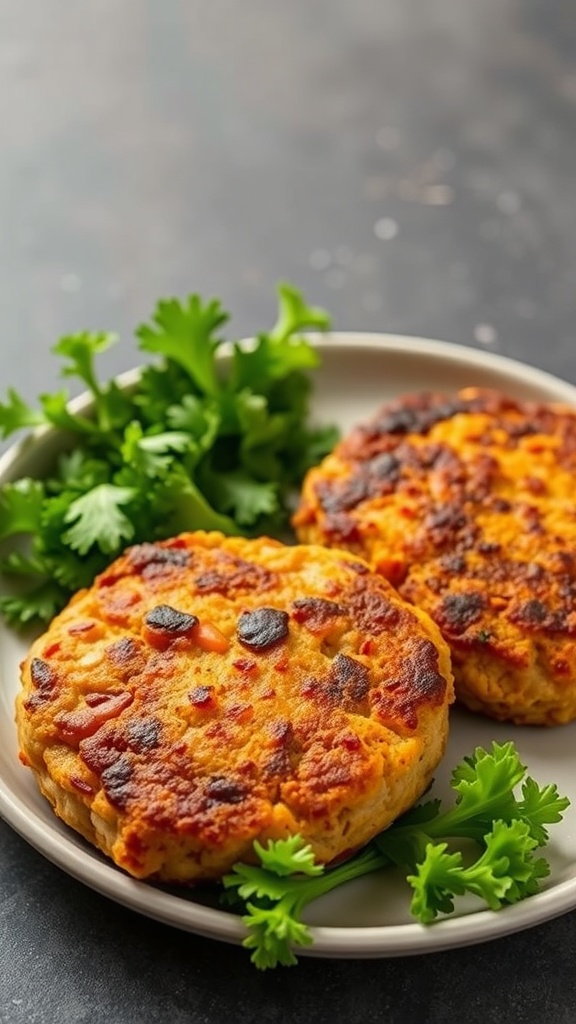 Golden-brown chicken and carrot patties garnished with parsley on a plate.