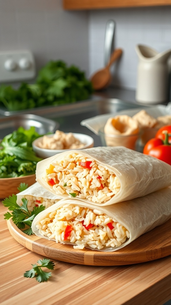 Homemade chicken and rice chew rolls for dogs on a wooden board