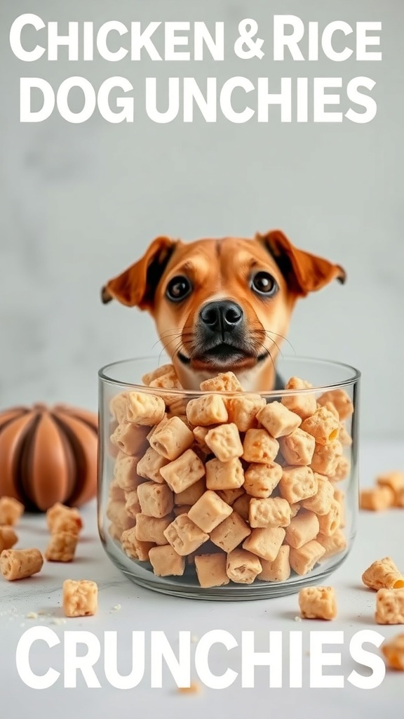 A cute dog looking out from a bowl filled with chicken and rice dog treats.