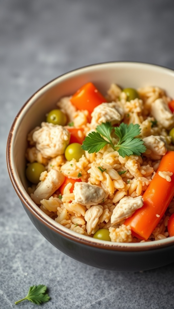 A bowl of chicken and rice with carrots and peas, garnished with parsley.