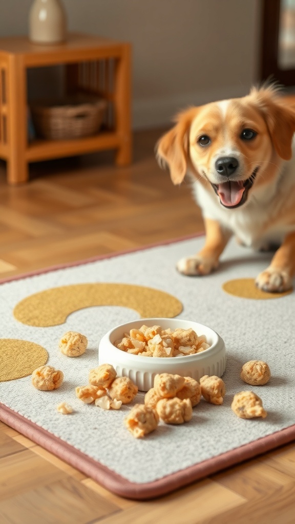 A happy dog sitting on a mat with a bowl of chicken and rice treats nearby.