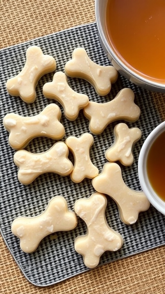 Frozen dog treats shaped like bones next to a bowl of chicken broth