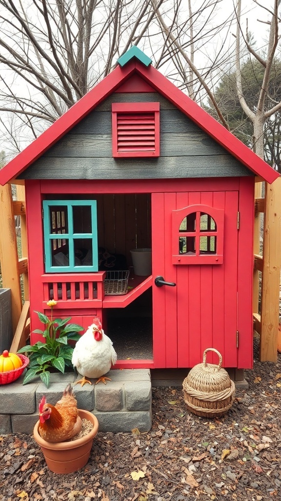 A colorful children's playhouse chicken coop with two chickens outside.