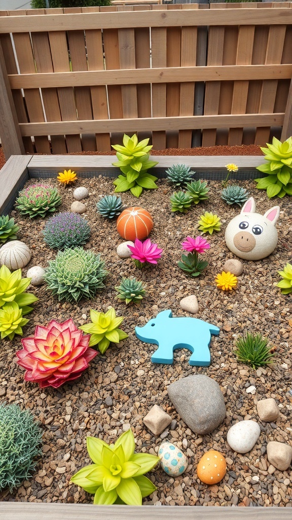 A colorful children's sensory garden bed with faux plants, stones, and playful decorations.