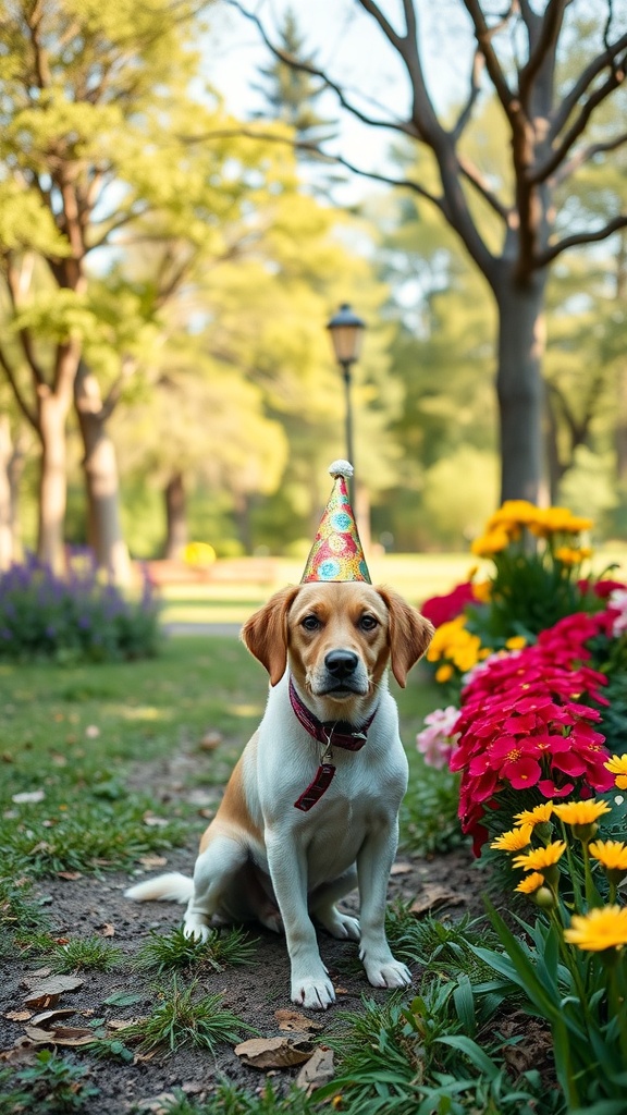 A dog wearing a birthday hat sitting in a colorful garden with flowers.