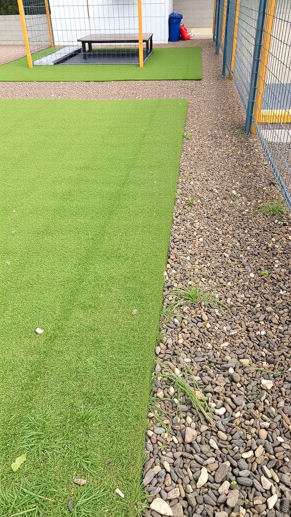 A dog area featuring artificial grass and gravel ground cover