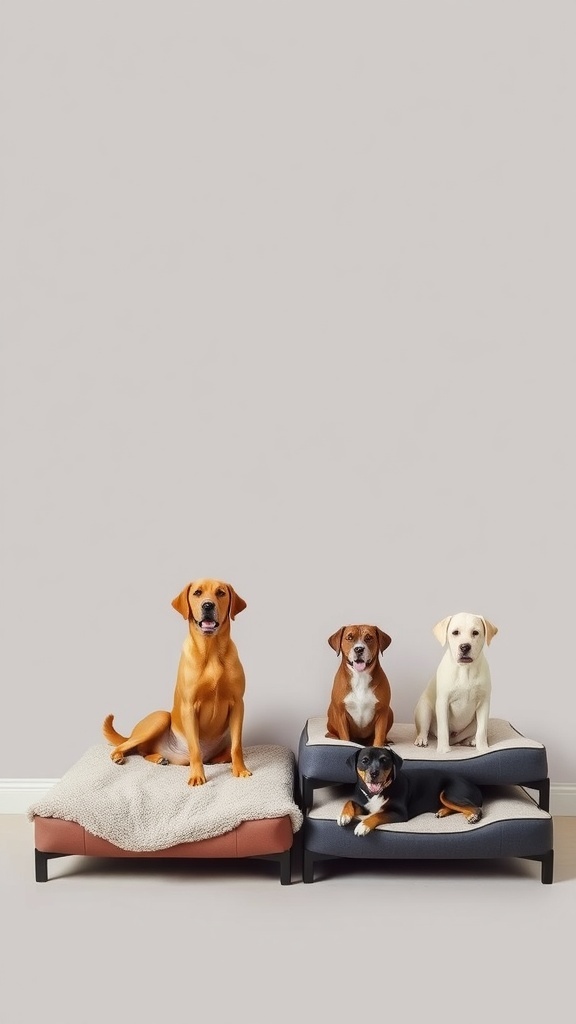 Four dogs resting on elevated beds of different heights.