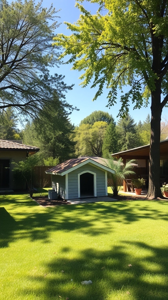 A dog house in a green yard surrounded by trees and a house.