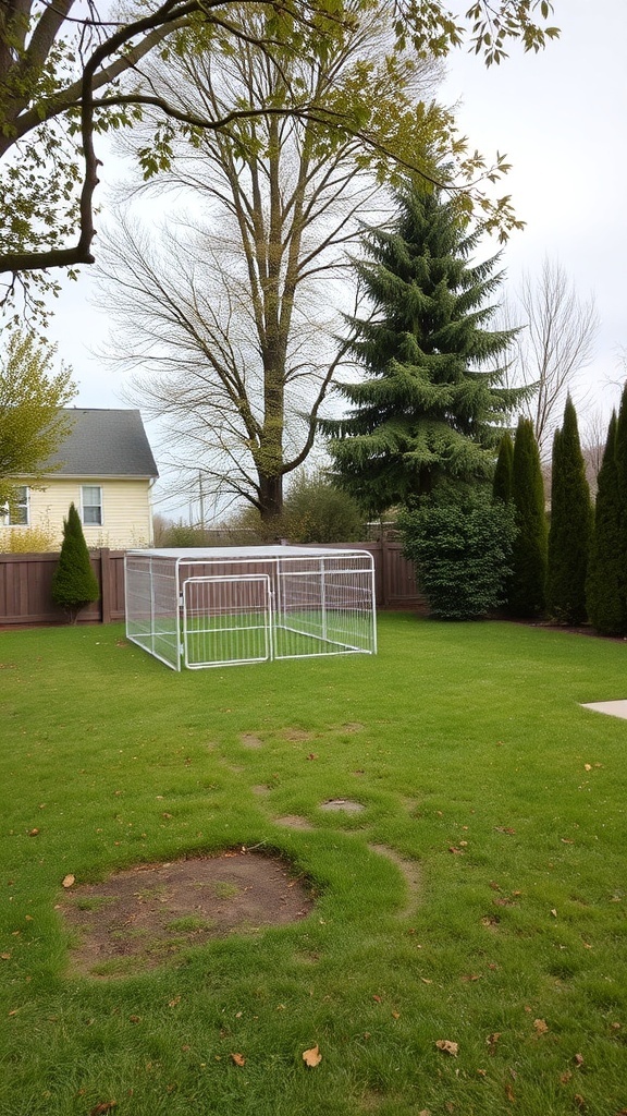 A dog kennel set up in a grassy yard with trees and a fence.