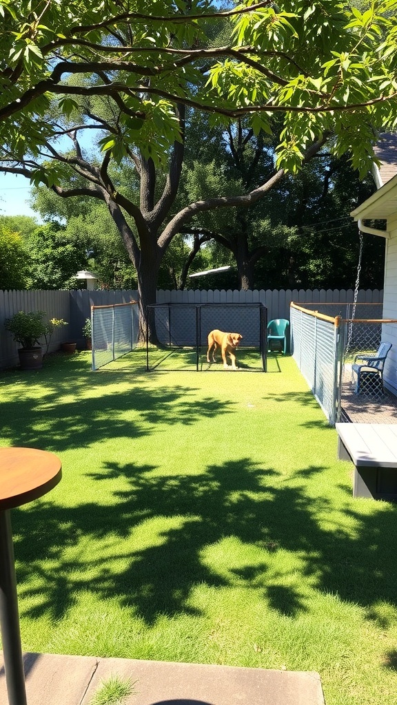 A backyard with a dog run area, featuring a golden retriever, green grass, and a sturdy fence.