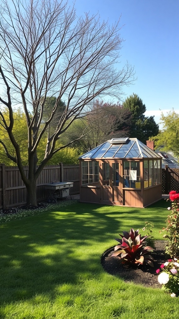 A backyard greenhouse surrounded by green grass and colorful flowers.