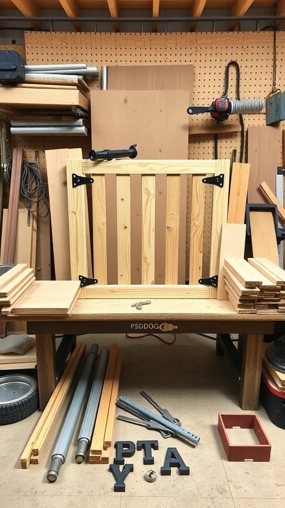 A workshop with wooden planks, metal rods, and tools arranged for building a dog gate.