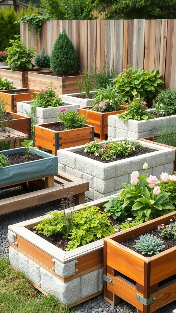 A variety of raised flower beds made from wood and concrete, filled with colorful plants and flowers.