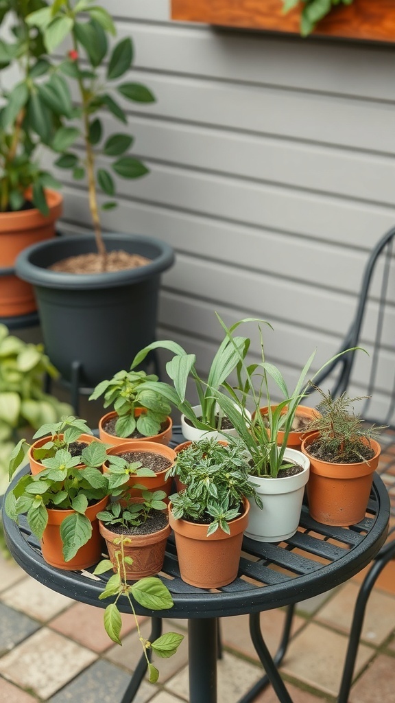 A small patio garden with various potted plants on a table.