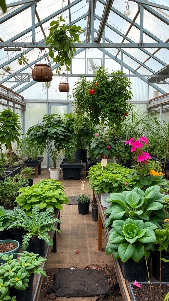 A vibrant greenhouse filled with various plants, including hanging plants and potted greens.