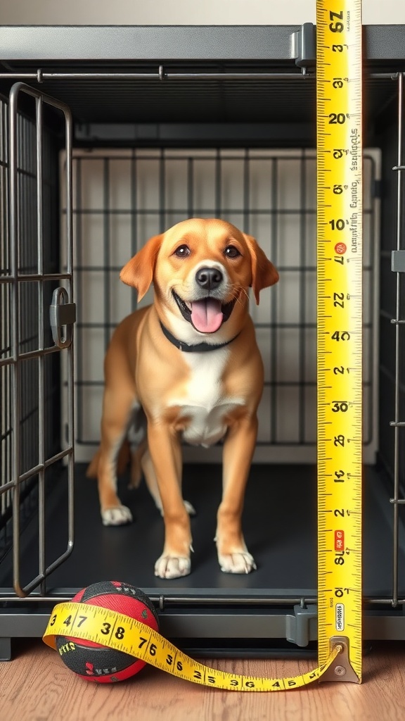A happy dog standing inside a crate with a measuring tape next to it.