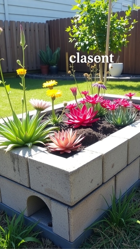 A colorful cinder block garden bed filled with succulents and flowers.
