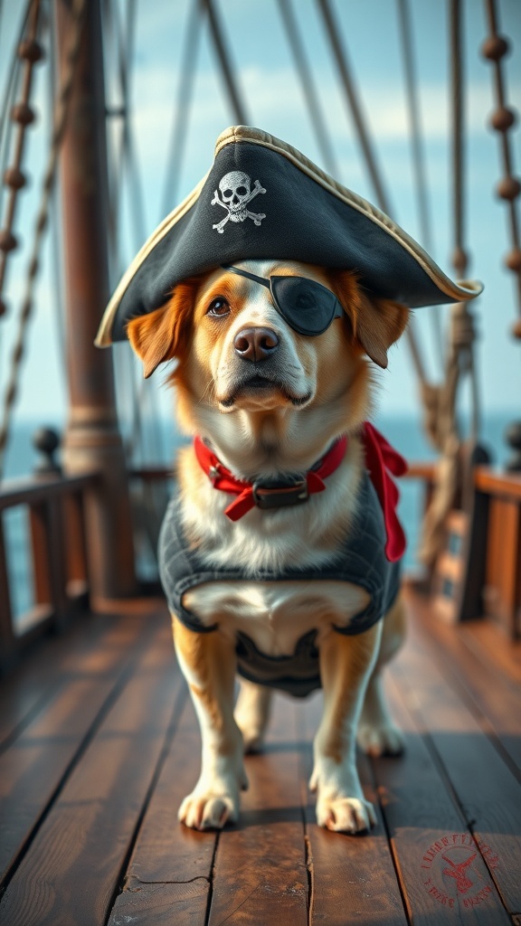 A dog dressed as a pirate, wearing a pirate hat and eye patch, standing on a wooden deck.