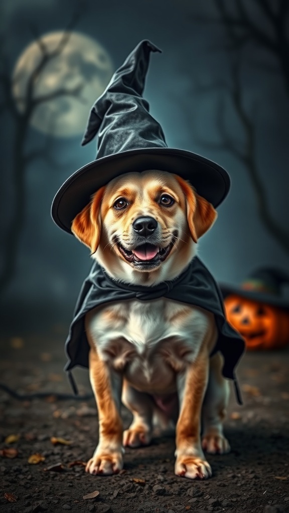 A dog wearing a witch hat and cape, sitting in a spooky setting with a pumpkin and moon in the background.