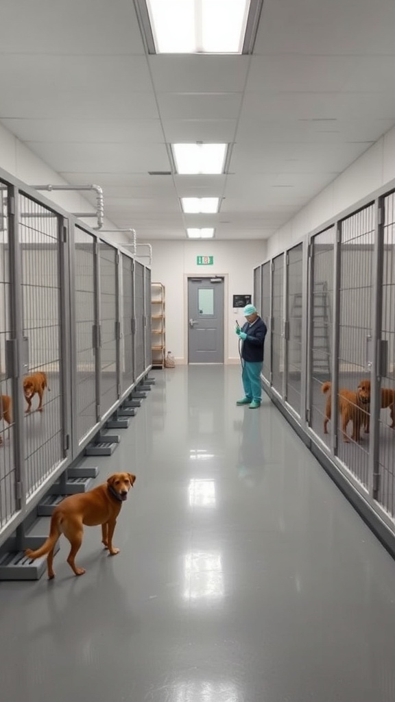 A clean dog boarding facility with kennels and a staff member in protective gear.