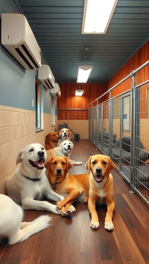 A climate-controlled dog boarding facility with dogs resting on beds and leashes hanging on the wall.