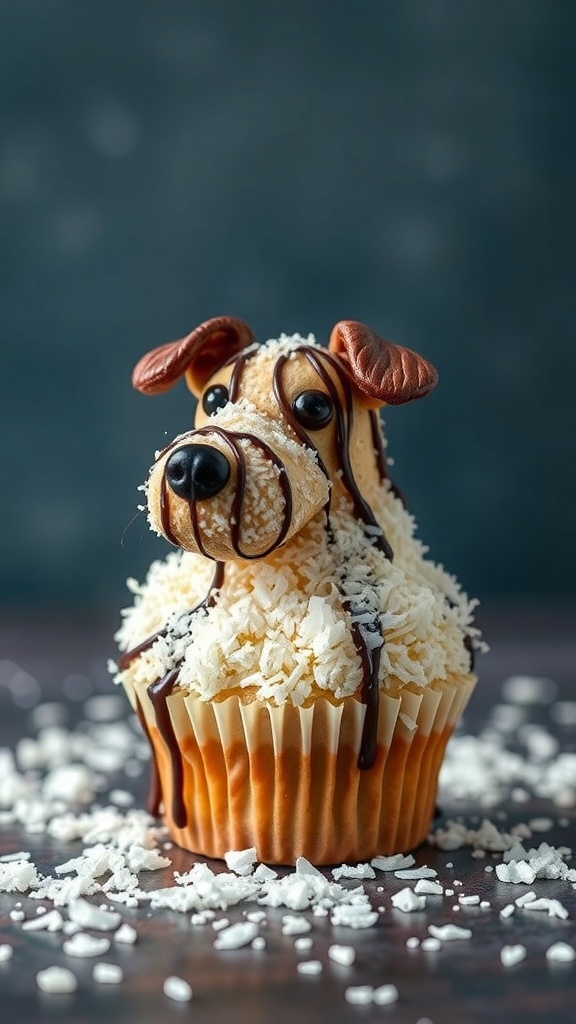 A cute dog-shaped cupcake decorated with coconut and chocolate drizzle.