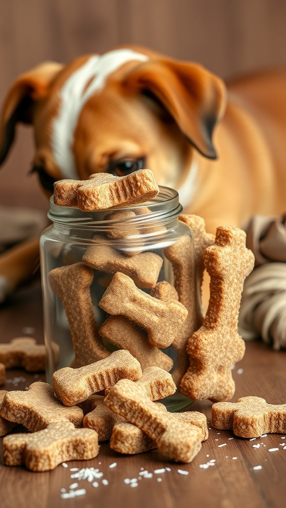 A jar of homemade dog treats shaped like bones, with a dog in the background looking at them.