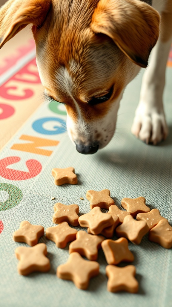 A dog sniffing a pile of homemade coconut and flaxseed treats shaped like stars.