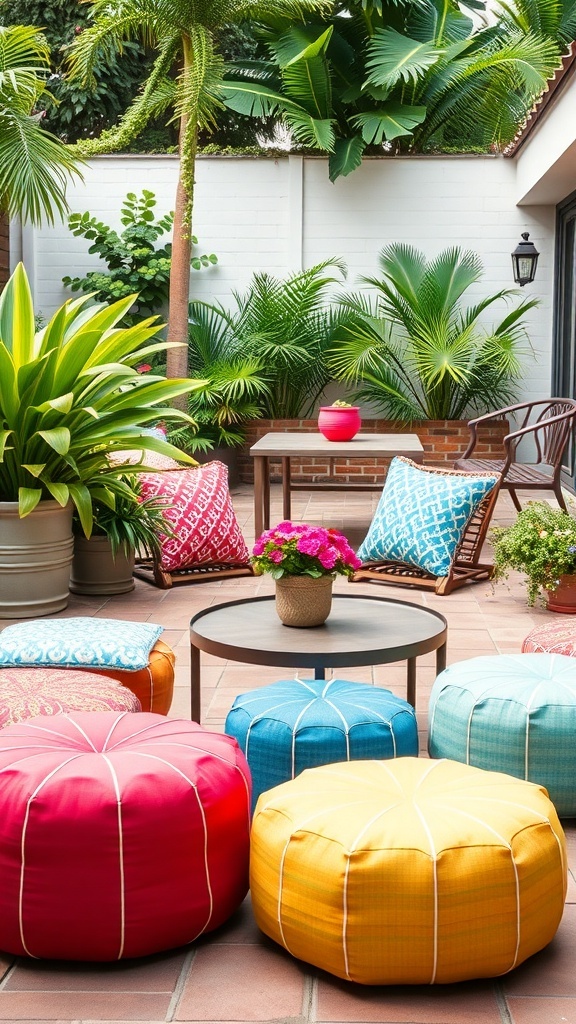 Colorful outdoor poufs in pink, blue, and yellow on a patio with plants and seating.