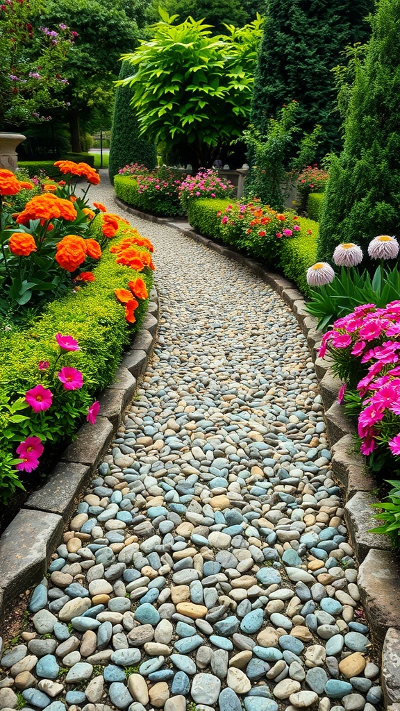 A winding pebble pathway surrounded by colorful flowers in a lush garden.