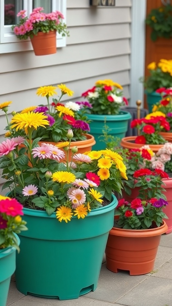 Colorful plastic planters filled with flowers in a garden setting