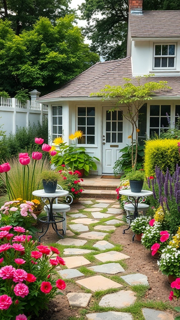 A picturesque cottage garden featuring a stone path, vibrant flowers, and modern seating.