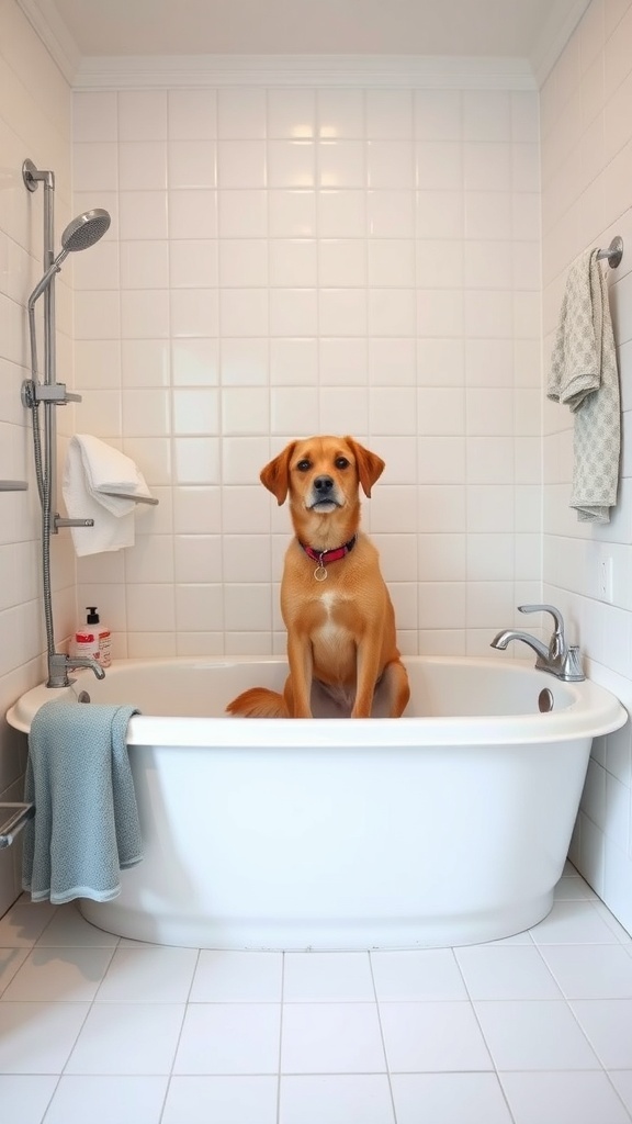 A dog sitting in a bathtub, surrounded by white tiles and towels.
