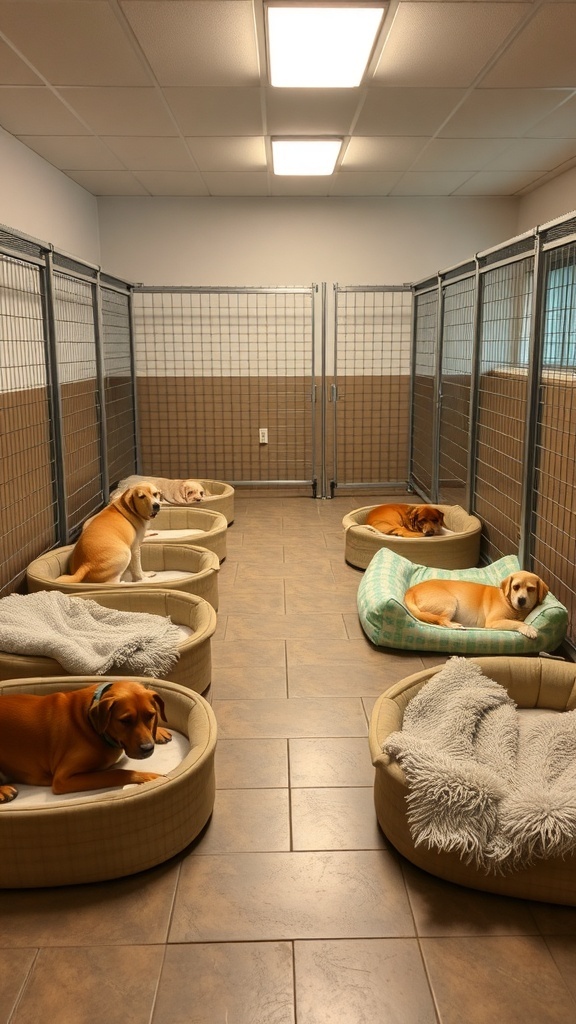Interior of a dog boarding facility with several dogs resting in cozy beds.