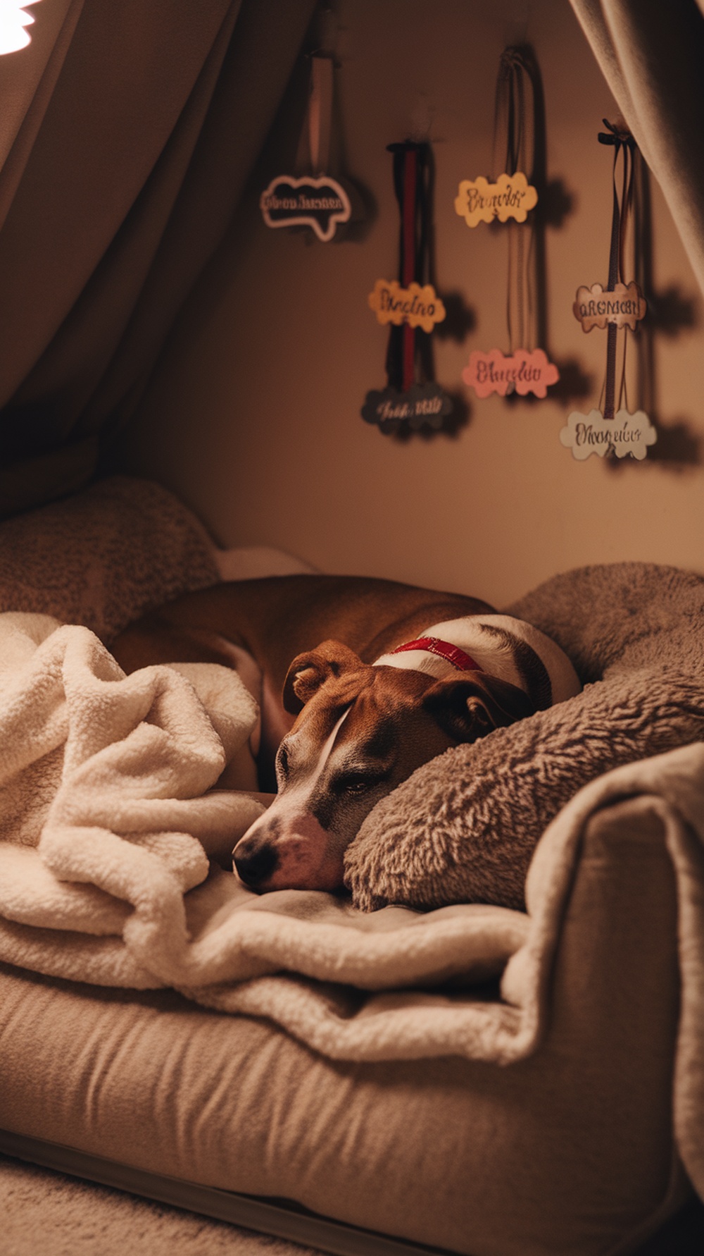 A dog sleeping comfortably on a cozy bed with soft bedding, surrounded by decorative name tags on the wall.