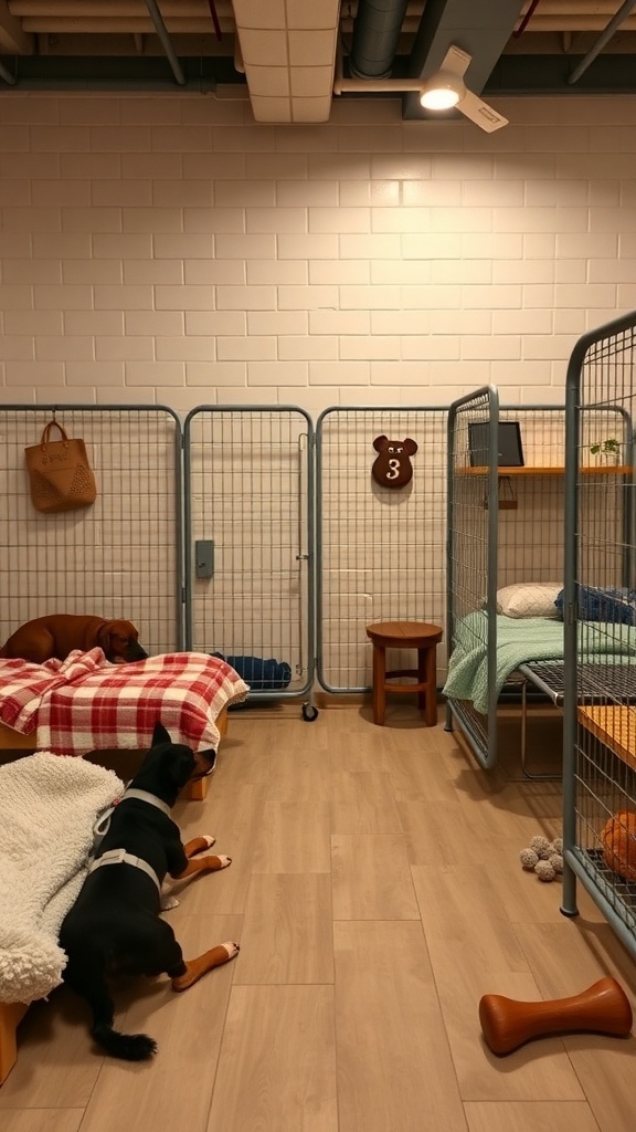 A dog boarding facility with cozy beds and individual pens for dogs.