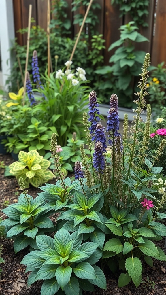 A garden with a variety of plants, including tall blue flowers and lush green foliage.