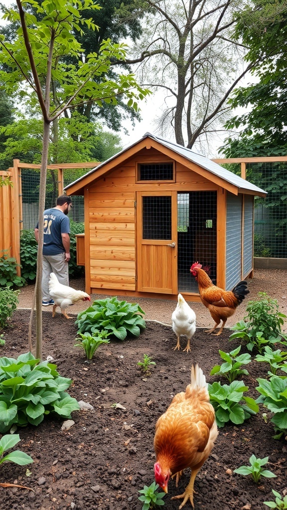 A wooden chicken coop in a community garden with chickens roaming around.