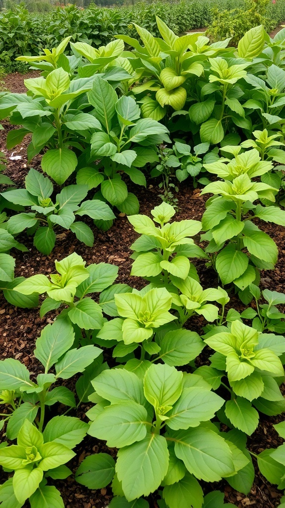 Lush green plants growing together in a garden, showcasing companion planting.