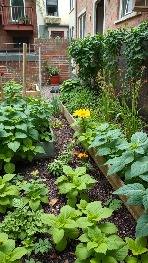 A small garden with various plants, including leafy greens, herbs, and flowers, organized in raised beds.